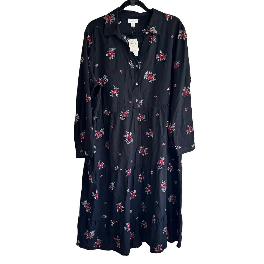 New J. Jill Tiered Floral Shirt Dress Black Button Front Long Sleeve Sz XLP